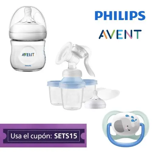 Biberón Avent + chupón + extractor de leche manual con 15% de descuento extra usando cupón Philips