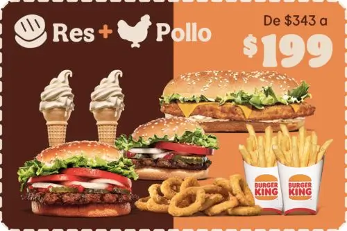 2 Whoppers+ King de Pollo + Aros de cebolla + papas + conos a solo $199 con cupón Burger King