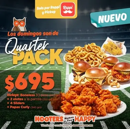 Quarter Pack Hooters a $695 solo por Rappi y Pickup (solo domingo)