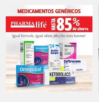 Hasta 85% de descuento en medicamentos genéricos Pharmalife en Farmcias Guadajalara