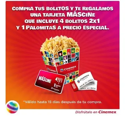 Promoción Cinemex: 4 boletos 2X1 + 1 Palomita precio pesecial