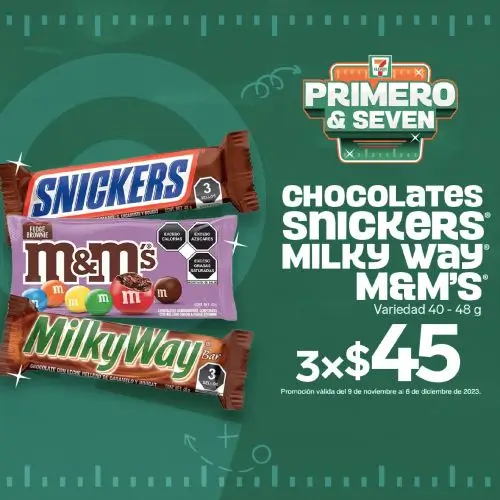 Ofertas en chocolates 7 Eleven: Snickers, Milky Way y M&M's 3x45