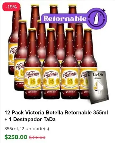 12 Pack Victoria Botella Retornable 355ml + 1 Destapador TaDa a solo $258