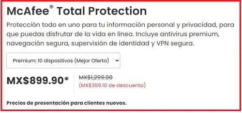 Oferta McAfee: Antivirus por tan solo $899 (Premium 10 dispositivos)