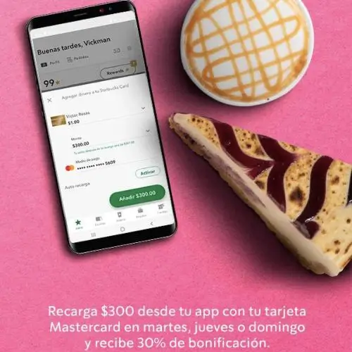 30% en bonificación al recargar en Starbucks Rewards con tarjeta Mastercard