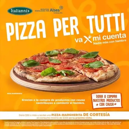 Pizza Margherita GRATIS en Italianni’s al donar $50 a Va Por Mi Cuenta
