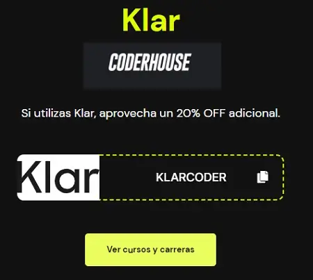 20% de descuento adicional en cursos y carreras en Coderhouse al pagar con Klar
