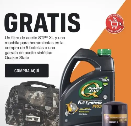 Filtro de aceite STP XL y mochila para herramientas gratis en la compra de aceite Quaker State