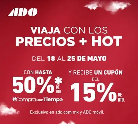 Pre Hot Sale ADO: hasta 50% Off + cupón del 15% Off (18-22 mayo)