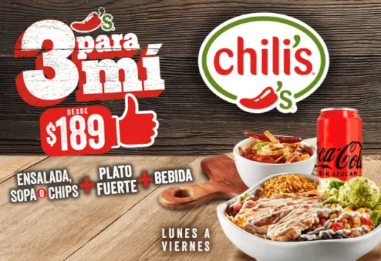Promoción Chili's 3 Para Mí: Entrada + Plato Fuerte + Bebida por $189