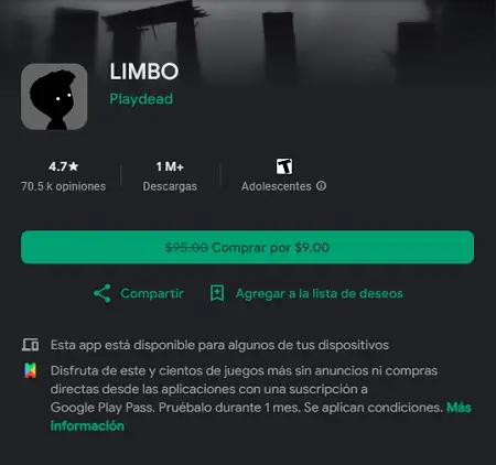 Descarga el juego LIMBO por solo $9 en Google Play