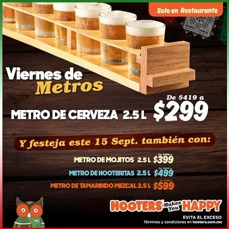 Metro de Cerveza a $299 para festejar El Grito este 15 de Septiembre en Hooters