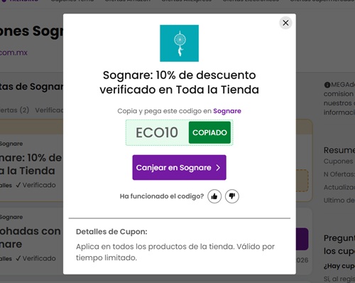 Paso 1: Elige el cupón Sognare en MEGA, cópialo